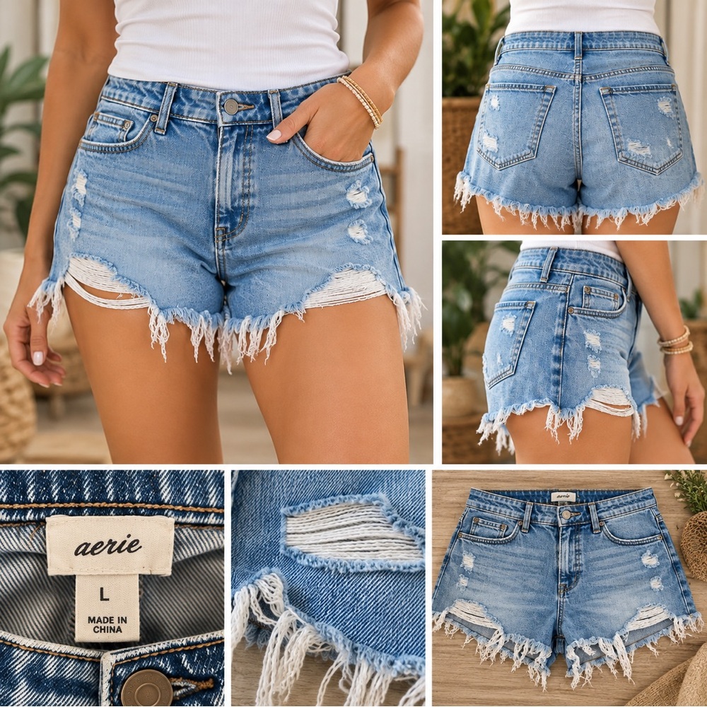 aerie Light Blue Distressed Boyfriend Denim Shorts